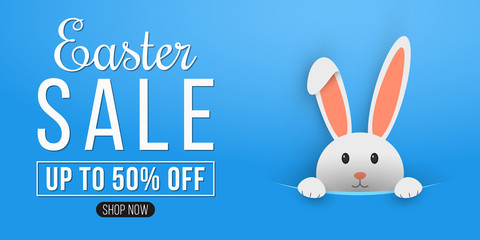 Fototapeta premium Easter web poster for sale. Template for your project. Cartoon cute bunny looking out of a cut hole. Vector illustration