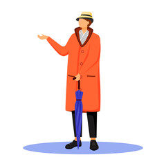 Man in orange raincoat flat color vector faceless character. Standing caucasian guy in hat, scarf. Rainy weather. Autumn wet day. Male with umbrella isolated cartoon illustration on white background