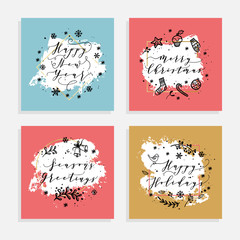 Christmas and Happy New Year wishes for labels, emblems, logo, text, greeting cards set. Vector winter holidays backgrounds with hand lettering calligraphy. White smear, golden geometric frame