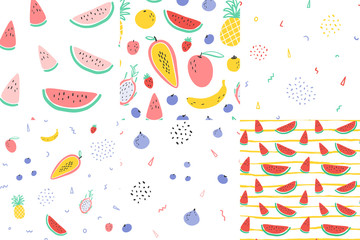 Vector tropical fruit background with durian, pineapple, mango, watermelon, dragon fruit, Pitaya, banana, papaya. Summer exotic fruit seamless pattern set collection. Quilting fabric illustration