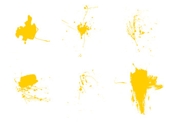 Abstract background with yellow paint splashes and drops. Set of yellow paint brushes