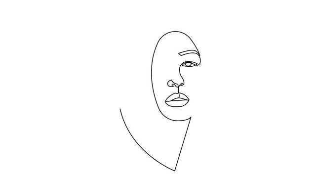 Self drawing simple animation of single continuous one line drawing of female face. Beauty girl or woman portrait. Drawing by hand, black lines on a white background.