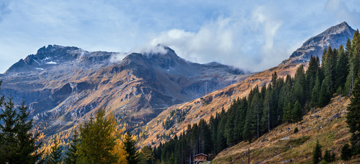 Autumn Alps mountain evening view from Felbertauernstrasse path, Tauer, Austria