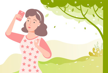 Female taking selfie with help of smartphone, woman on nature with trees. Photo on blooming tree background, meadow with greenery and bushes foliage. Vector illustration in flat cartoon style