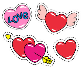 Collection of stickers or patches, isolated set of hearts with wings and arrows. St Valentines day decoration and greeting. pack with cutouts and modern design. Emoticons for holidays vector