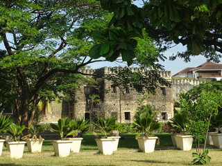 Fototapeta na wymiar Historisches Gebäude mit afrikanischen Pflanzen in Stone Town auf Sansibar