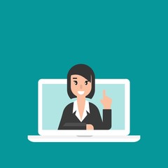 Woman attorney on computer screen. flat vector illustration on blue background.
