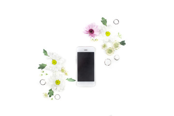 Minimalist wrist phone with flowers on a white background