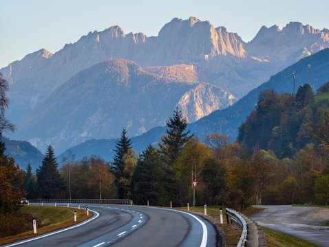 Autumn Alps mountain evening road view from Felbertauernstrasse path, Tauer, Austria