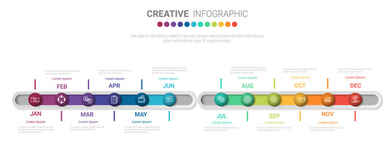 Timeline for 1 year, 12 months, infographics month planner design vector 12 steps and Presentation business can be used for Business concept with 12 options, steps or processes. 