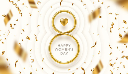 8 March International women's day vector illustration - Golden number eight, heart and falling golden confetti on a paper layered white background. Design for greeting card, invitation, flyer and etc.