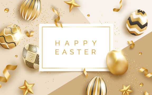 Easter holiday background with realistic golden decorated eggs, ribbons, balls and text. Poster, flyer, banner on light background with confetti and frame