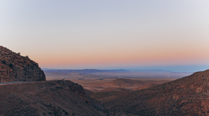 Mountain road in morocco. Sunset landscape. View of the valley.