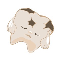 Sad darkened tooth stained with caries, decay, cavity humbly awaiting its fate. Treatment, removal, whitening, restoration of tooth. Dental filling placement. Vector cartoon isolated illustration.