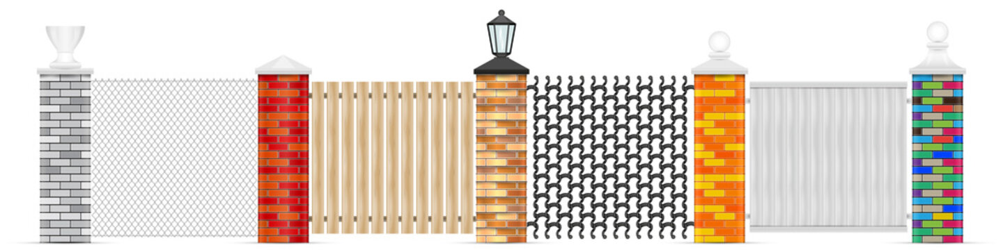 Brick fence posts vector isolated. Brick vector pillars of different colors with variuos top head design. Chain-link fencing, wooden fence, wrought iron and solid white vynil panel. Black garden lamp.