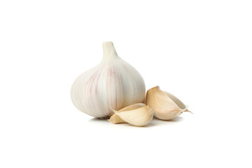 Fresh garlic bulb and slices isolated on white background
