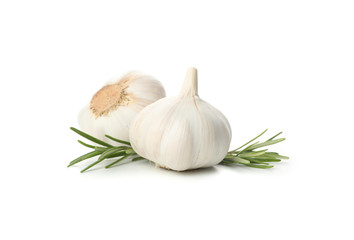 Fresh garlic bulbs and rosemary isolated on white background