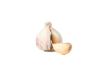 Fresh garlic bulb and slice isolated on white background
