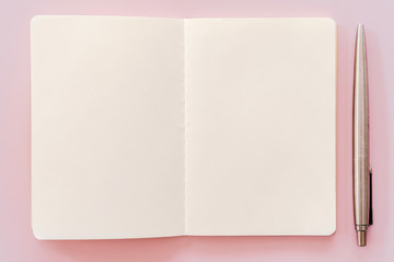 Notebook and pen on pink texture background.