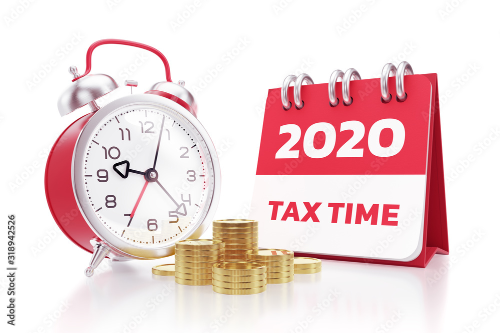 Fototapete tax time 2020. stacks of coins placed in front of an alarm clock and a calendar with printed text an