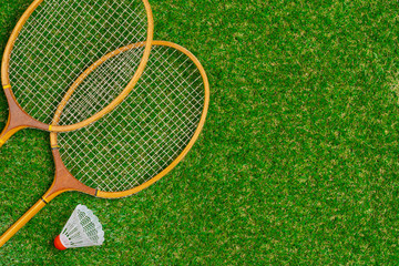 Badminton equipment. Rackets and shuttlecock, top view