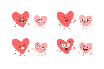 Cartoon drawing set of hearts emoji. Hand drawn emotional characters.Actual Valentine's Day Vector illustration. Romantic creative ink art work
