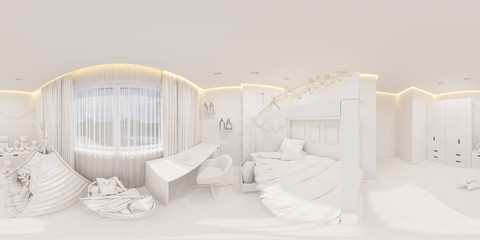 Virtual reality, 360 degrees seamless panorama. Girl playroom and bedroom in the Scandinavian style