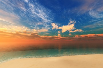 Fototapeta na wymiar Beautiful sunset on a tropical beach, 3D rendering