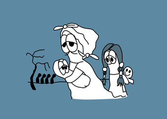Refugees. Sad mother and daughter walking with a baby in her arms on a blue background. Cartoon style vector Illustration.