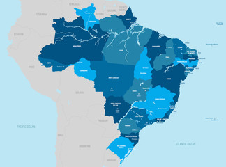 Brazil political map. Vector illustration with isolated - separated provinces, departments and cities.