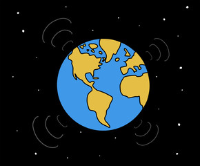 Fototapeta premium Planet earth view from space emitting radio frequencies and waves. Communication. Cartoon style hand drawn vector illustration.