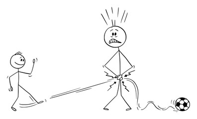 Vector cartoon stick figure drawing conceptual illustration of father or man plying football or soccer with son and being hit by ball in crotch. Parenthood troubles.