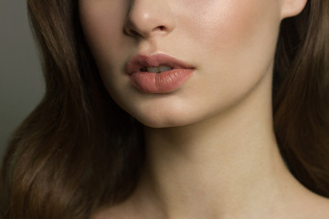 Sexual full lips. Natural gloss of lips and woman's skin. The mouth is closed. Increase in lips,...
