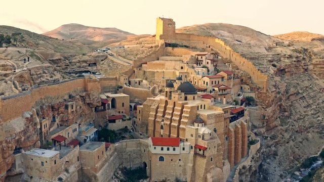 Mara Saba monastery in the southern mountains of Israel, 4k aerial drone view