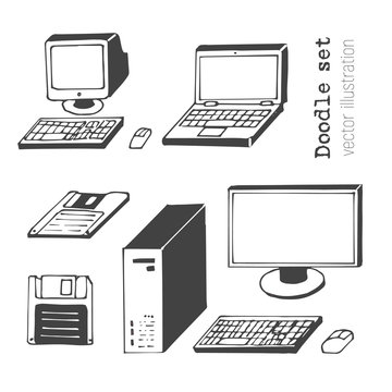 Set of hand-drawn computer icons. Vintage PC, gadgets sketch. Retro technology elements in cartoon style. Doodle print. 90s Floppy disk, message box, watches, laptop.Vector illustration. School