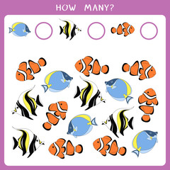 Educational math game for kids. Count how many fishes and write the result