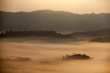 Beautiful of the mountain in the fog at Phu Lanka view point, Phayao province Thailand.