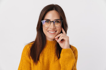 Image of beautiful adult woman wearing eyeglasses smiling at camera