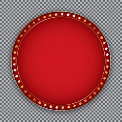 round red banner with golden frame and golden stars frame on transparent background