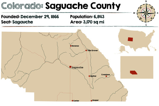 Large And Detailed Map Of Saguache County In Colorado, USA.