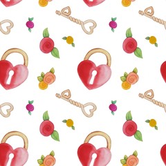 Hand drawn watercolor illustration of red heart shaped lock with golden key and flowers isolated on white. Love concept and valentines day design elements