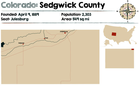 Large And Detailed Map Of Sedgwick County In Colorado, USA.