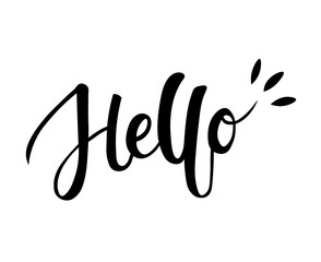 Hello black lettering text on white background. Handwritten simple minimalistic brush calligraphy illustration. Hello sign. Isolated black and white vector