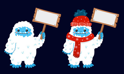 Cute snow yeti with blank sign placard hold in hand vector image. Isolated on dark background. With winter clothes - obrazy, fototapety, plakaty