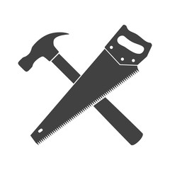 Hammer and hand saw, icon. Repair and construction services, logo. Vector illustration on white background.