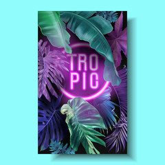 Vector neon banner with tropical leaves on black