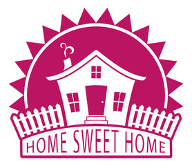 Fototapeta premium Vector illustration of a tiny house on a hill with picket fence and sunshine. Home sweet home text