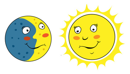 Vector image of a partially illuminated planet moon and sun