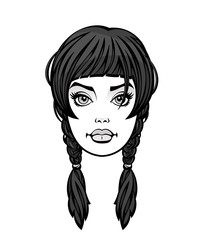 The face of a young woman with pigtails. Black, gray and white colors. Comic book style.