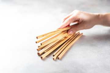 Bamboo drinking straws with Zero - waste. Ecological concept. Concept zero waste.